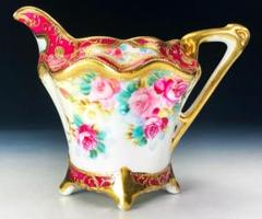 ■希少な逸品 極美品 金盛 オールドノリタケ 薔薇絵 脚付 ミルクジャグ □希少な逸品 極美品 金盛 オールドノリタケ 薔薇絵 脚付 ミルク