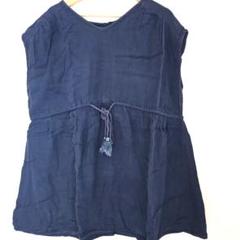 【美品】ネイビー Vネック 半袖 シャツ　カットソー　チュニック　リボン付き