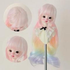 ドールウィッグ 6~7インチ ロングヘア カール レインボー ピンク BJD