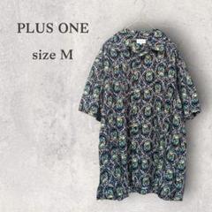 【プラスワン】総柄シャツ　唐草　ブラック　半袖　解禁　ボタン　半袖　アロハ　M