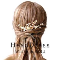 ヘッドドレス ヘアアクセサリー コーム式 花とビーズ 髪飾り ゴールドホワイト