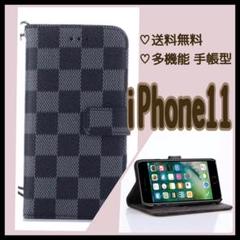 送料無料♦︎ iPhone11ケース 手帳型 チェック 黒 iPhoneケース