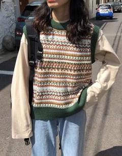 幾何学模様　ニットベスト Fサイズ グリーン