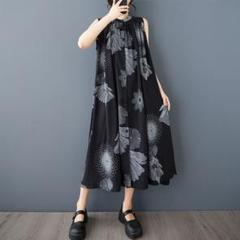 おしゃれ度高め ノースリーブ スタンドカラー プリントワンピース 体型をカバー