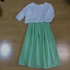 七の㉔ ハンドメイド 緑のギンガムチェックのタックギャザー