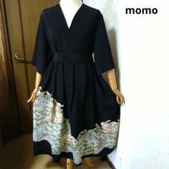 正絹 振り袖 豪華花柄 ウエストリボン付きタック入りワンピース♪着物リメイク 正絹 黒留袖豪華花柄 ウエストリボン付きタック入りワンピース