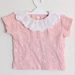 子ども・ベビー服 花柄レース襟付きピンクTシャツ さくらんぼ 70-80サイズ