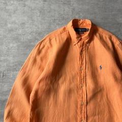 【リネン100%】ラルフローレン古着BDシャツ刺繍ポニー橙オレンジアメカジM
