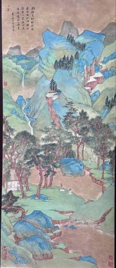 水墨画　掛軸　青樹緑陰 謝陽画　中国　絵画　山水　箱付　張大千大風堂　カラー 水墨画 掛軸 青樹緑陰 謝陽画 中国 絵画 山水 箱付 張大千大風堂