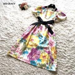 【美品】✨ エムズグレイシー　ワンピース　花柄　ノースリーブ　リボンベルト　40 美品】✨ エムズグレイシー ワンピース 花柄 ノースリーブ