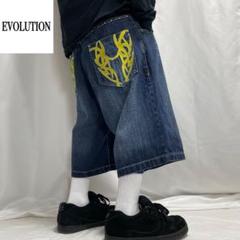 00s Evolution トライバル 刺繍 ウォッシュ デニム バギーパンツ
