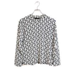 Lugano 長袖 Tシャツ 白黒 モックネック 薄手 モノトーン M 総柄 春