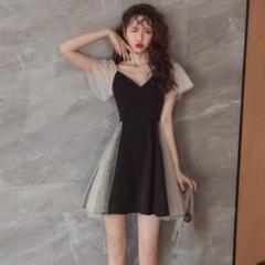 チュール切り替え可愛いミニドレス　二の腕もカバー　細見えデザイン