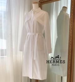 極美品 Hermes ロゴ刺繍 コットン シャツ ワンピース 38