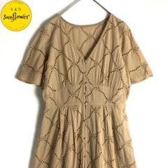 【ワンピース】ロング丈　レース　ワンカラー　昭和レトロ　ベージュ　古着