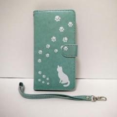 【Galaxy S22 】手帳型ケース 猫 足跡　ミントグリーン かわいい
