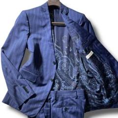 美品 ETRO シルク混 スーツセットアップ 54 ストライプ 裏地ペイズリー柄 ETRO エトロ スーツ セットアップ ペイズリー柄 ネイビー