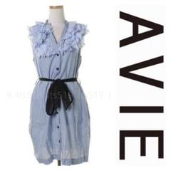 AVIE アビィ　フリルストライプロングシャツ　シャツワンピース　ブルーのサムネイル
