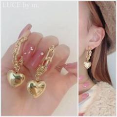 921 ゴールド Uチェーン 半円フープピアス ぷっくりハート 大人可愛い