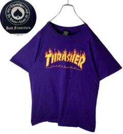 グッドデザイン古着！THRASHERファイアーパターンでかロゴパープルTゆったり