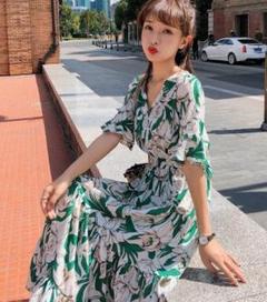 【グリーン♡】総柄 花柄 シフォン風素材 ボタニカル マキシワンピース