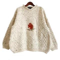 海外古着 刺繍 リス ネップ混 ケーブルニット 長袖 フィッシャーマンニット