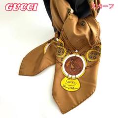 GUCCI グッチ　スカーフ　大判　シルク　馬柄　ブラウン　ロゴ入り GUCCI グッチ スカーフ 大判 シルク 馬柄 ブラウン ロゴ入り