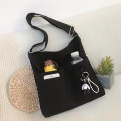 帆布 キャンバス バッグ 斜め掛け ポケット ファスナー付【ブラック】