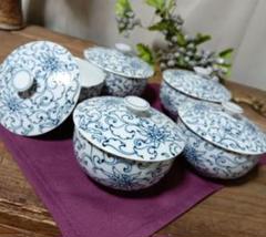 a948 煎茶茶碗 5客セット 青ラン絵 山幸作 染付古物 茶道具