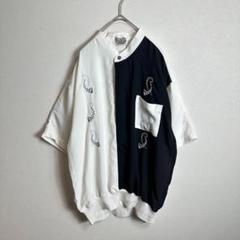 半袖シャツ　プルオーバー　柄シャツ　ハーフボタン　刺繍　バイカラー　黒　白　L