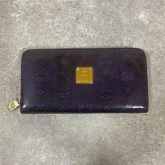 MCM エナメル 長財布 ロゴ金具　ヴィセトス柄　総ロゴ ネイビー