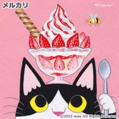 原画「ハチワレ猫といちごパフェ」イラスト/アート/絵画/猫/デザート/スウィーツ