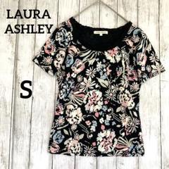 【LAURA ASHLEY】レース花柄半袖 TシャツSフラワープリント　黒ピンク