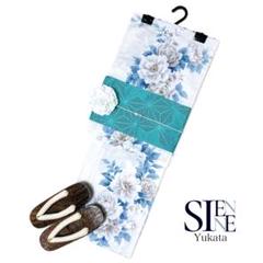 新作 浴衣ジェンヌ 浴衣5点セット 白 花柄 浴衣 青 ブルー 半幅