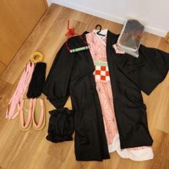黒とピンクの幾何学模様着物セット鬼滅の刃禰豆子風コスプレ衣裳