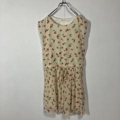ひざ丈ワンピース　ノースリーブ　さくらんぼ　ドット　シースルー　腰紐　古着