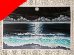 風景画　海の絵　パステル　アート　自然　絵画　夏　月　夜空　オイルパステルのサムネイル