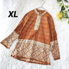 長袖シャツ 幾何学模様◆総柄 派手 奇抜 オレンジ XL Vネック ゆったり 夏