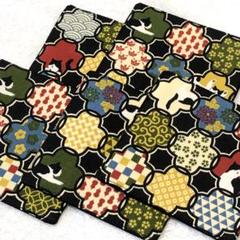 ハンドメイド　コースター 5枚セット　ハチワレ猫　猫　花菱　和柄
