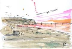 原画#3861 鳥 マルタ共和国 地中海 水彩画 ドローイング 風景画