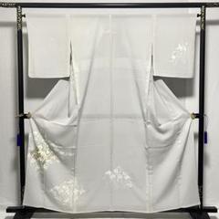 D133 夏着物 訪問着 薄グレー 鷺草 サギソウ 金彩 絽 正絹 極美