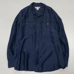 90s Vintage シルク100% L/S シャツ 光沢 ドレープ ネイビー
