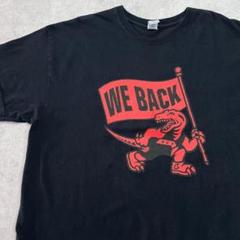 恐竜　旗　WE BACK　ユニークイラスト　Tシャツ　古着　ブラック　黒　XL