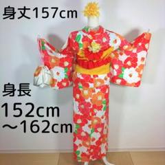 レディース 浴衣セット 身丈157cm 椿 花柄 オレンジ 半幅帯 黄