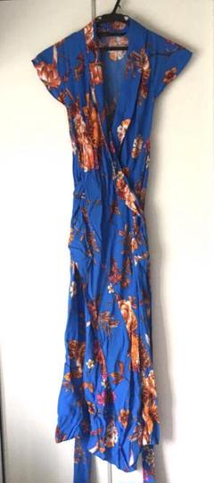 ZARA 色鮮やかなブルー　花柄　リゾートロングワンピース