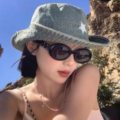レディース　帽子　バケットハット　デニム　星　夏　韓国　ライトブルー
