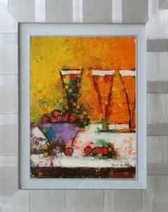 絵画　額付(銀）油絵　uF6-062804　静物 ワインとフルーツ m73672155282_1.jpg?1720922282