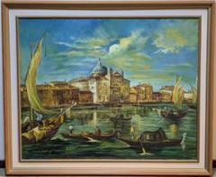 運河の風景画 真作】絵画 油彩30号 陽光のヴェネツィア運河風景 ヨーロッパ