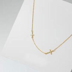 134N【クロスライン】ネックレス　華奢　2連風　S925　K14ゴールド