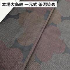 本場大島紬 一元式 茶泥染め 可愛い花の絣模様 正絹 広衿 着物 U